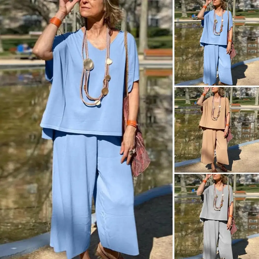 Tee Shirt Wide Leg Pants Set Women's V-neck Tee Shirt Wide Leg Pants Set for Summer Outfit Loose
