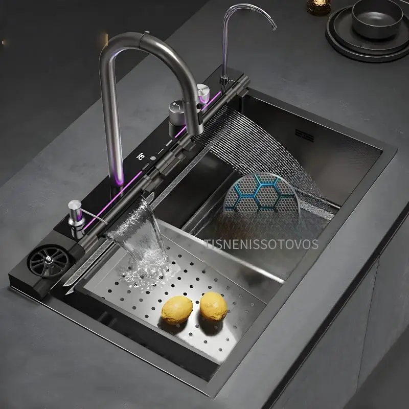 Wal Feiyu Wasserfall-Waschbecken, Nano-Edelstahl 304, Haushalts-Kiten-Waschbecken, Zahlenanzeige, Wabenstruktur, großes Einzelstück