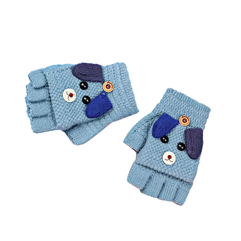 

1 Pair Winter Gloves Blue Thickened Knit Warm Half Finger Gloves For Outdoor Windproof Dog Design Handwear
