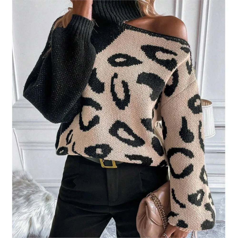 ملابس الشتاء امرأة تسحب فام خارج الكتف ليوبارد طباعة الياقة المدورة سترة كل مباراة فضفاضة أسلوب بسيط مريح عصري