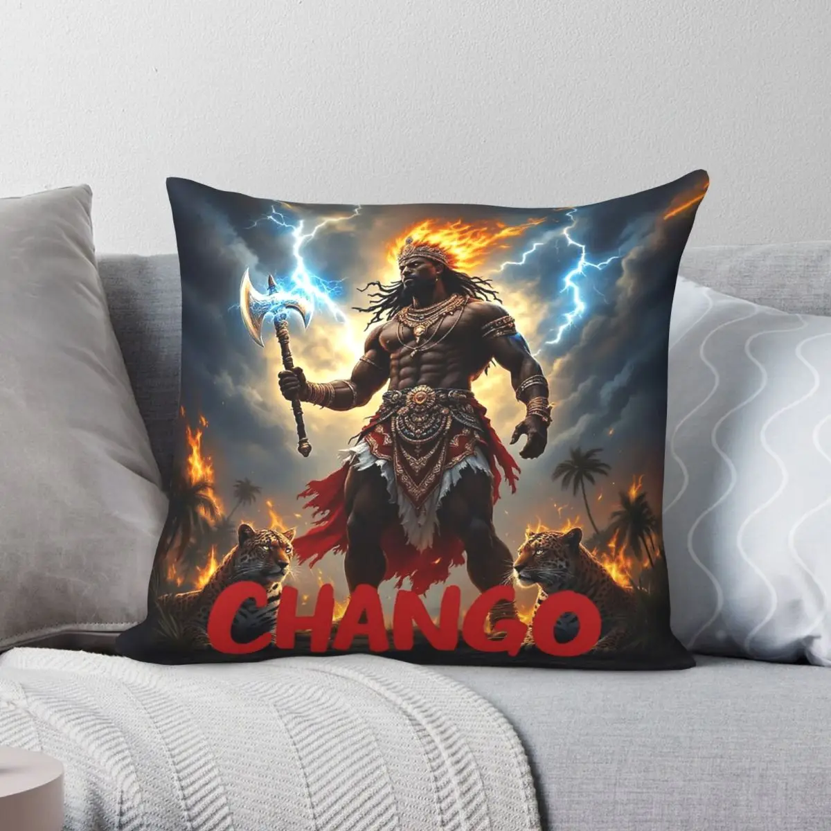 Funda de almohada cuadrada Chango Shango Xango Orisha Yoruba, funda de cojín decorativa con cremallera, de poliéster, lino y terciopelo, estampada