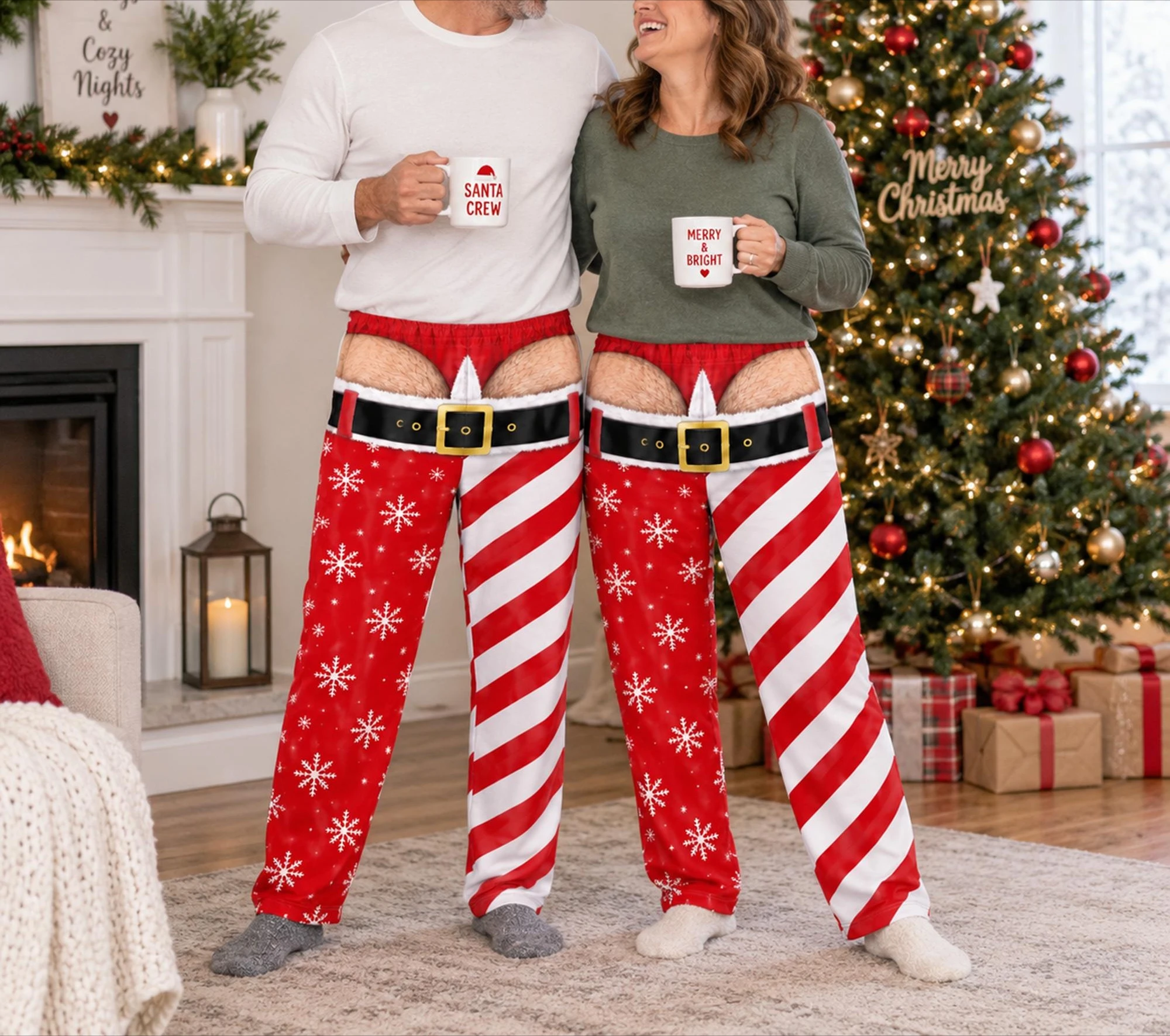 Funny Santa Christmas Pajama Pants, Matching Couple Holiday Pajamas, Adult Holiday Lounge Pants, Christmas Gift for Him Her