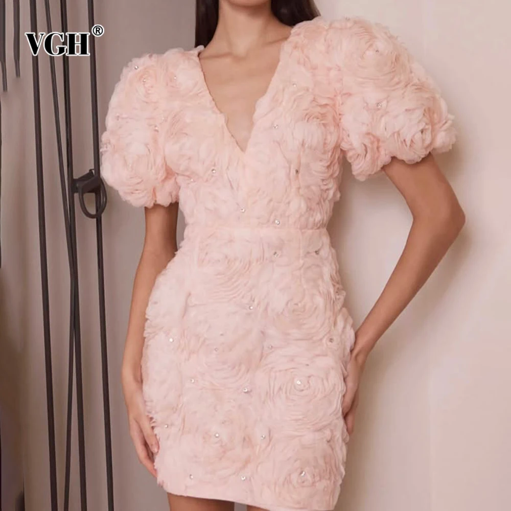 

VGH Runway Luxury Spliced Appliques Mini Dresses for Women V Neck Short Sleeve High Waist Slimming Temperament Dress Female New