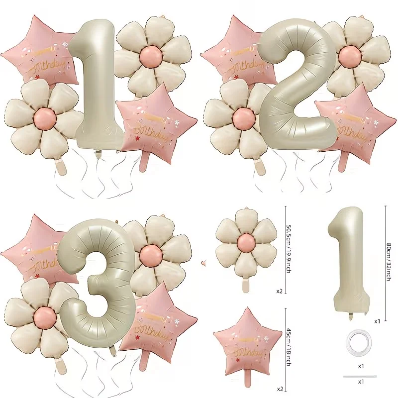 7Pcs 32 Inches Digital Aluminum Film Balloon Set 1Pcs32-Inch Milky White Numbers, 2Pcs Daisies and 2Pcs Five-Pointed Stars