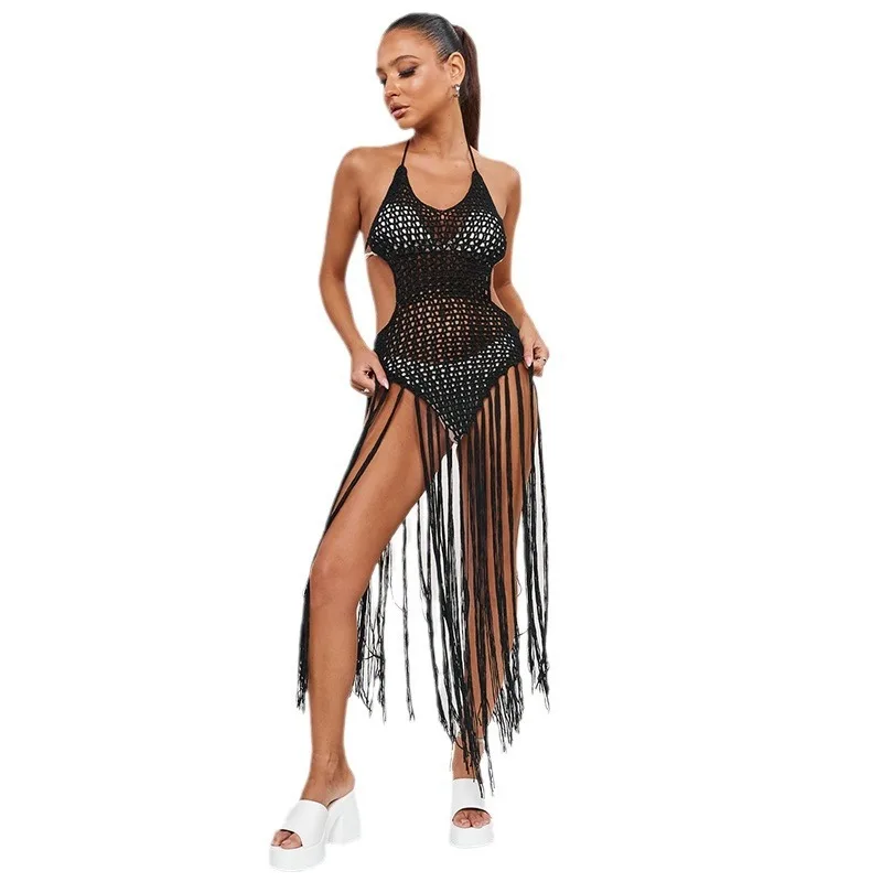 Sexy gancho de mano una pieza falda con borlas espalda abierta playa Bikini cubrir ropa de protección solar