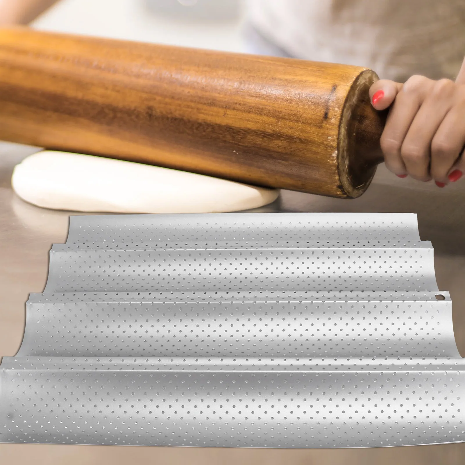 2Pcs Professional French Bread Baking Pan 4 Wave Loaves Perforated Stainless Steel Tray Nonstick Easy Clean Oven Toaster 500F