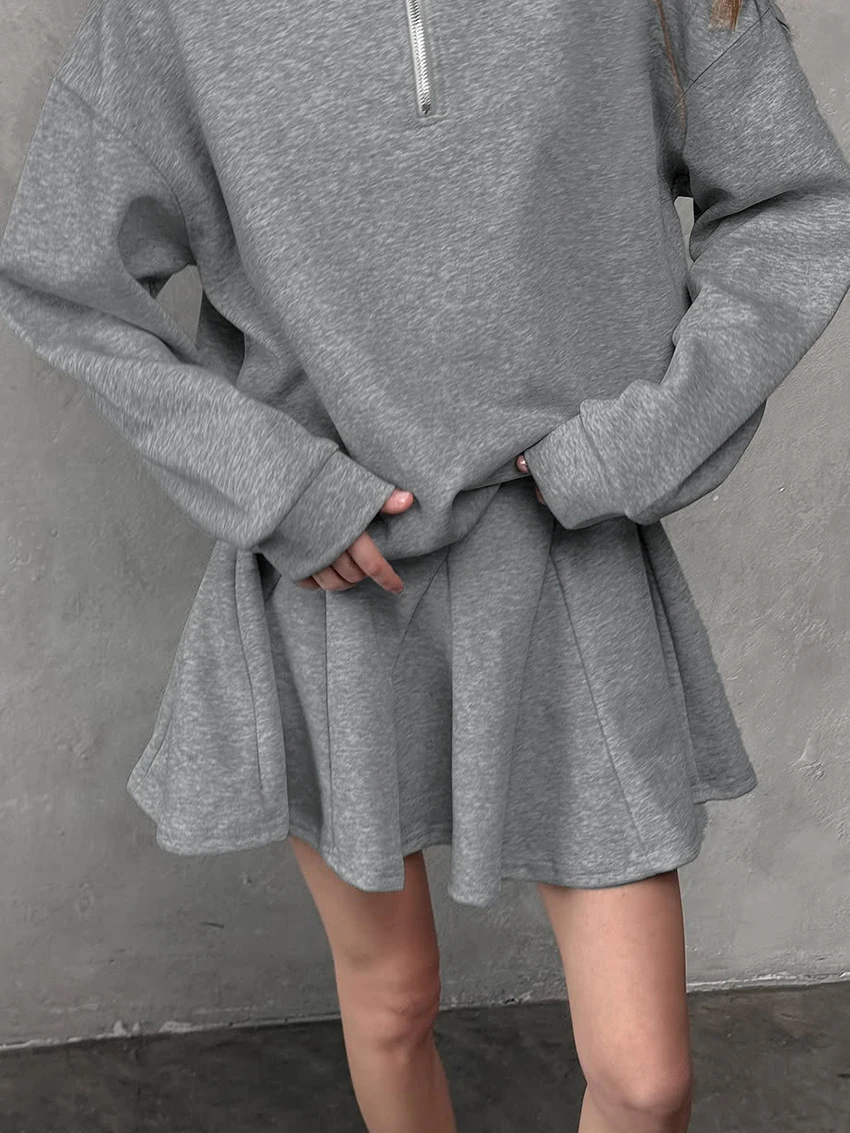 Marthaqiqi Loose Casual Female Pajama 2 Piece Suit O-Neck Sleepwear Long Sleeve Nightgowns Skirts Gray Solid Women Nightwear Set