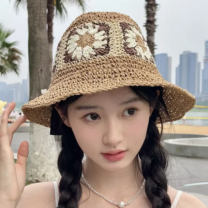 

Fashion Colorful Summer Sunscreen Straw Hat for Women Outdoor UV Protection Sun Hat Flower Hand Hook Beach Hat