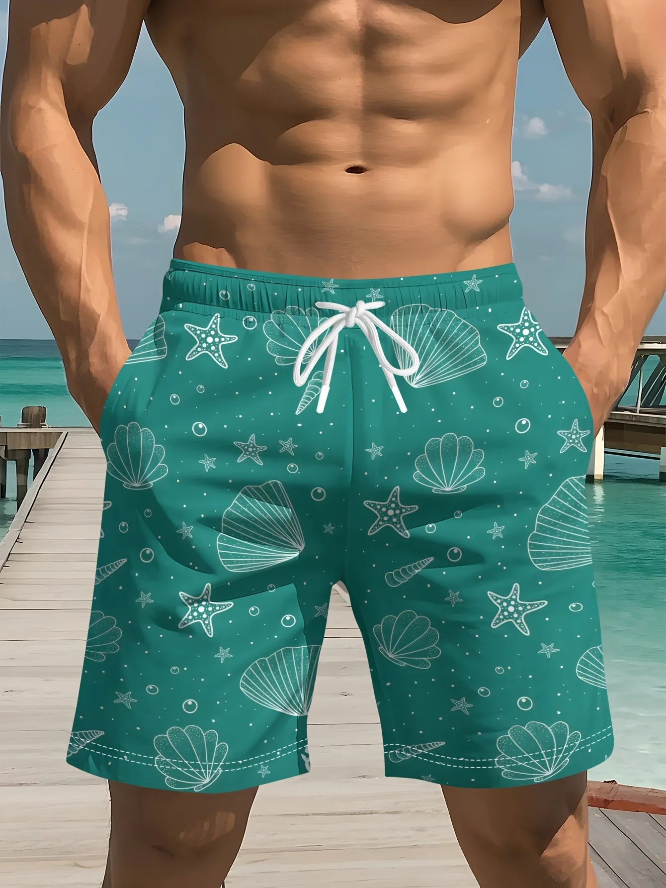 Honeymoon Couple Aegean Sea Swim Trunks Salt-Resistant and Quick-Drying FabricExclusive Hand-Painted Santorini Coast Boat Print
