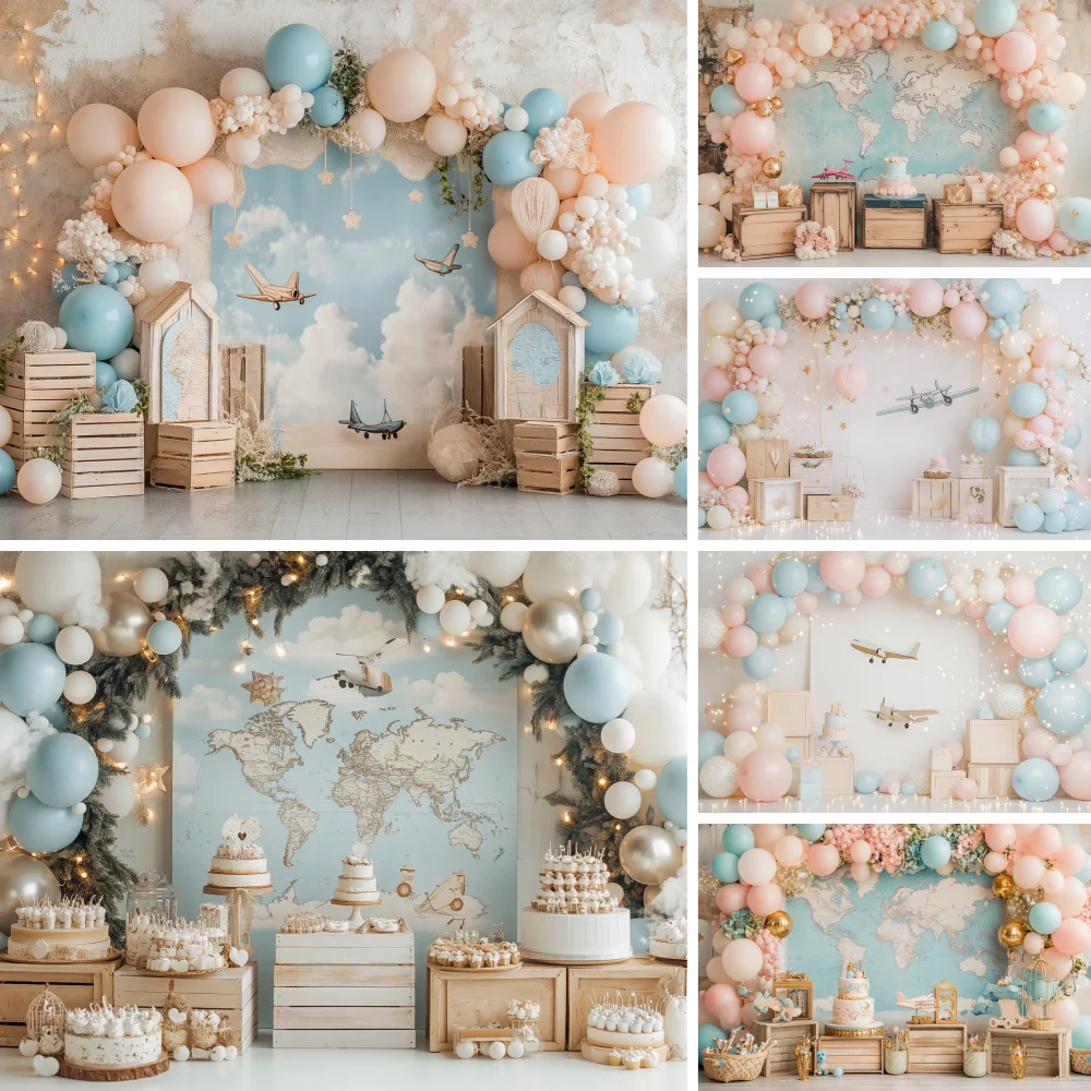 

Airplane Cloud World Travelling Theme Backdrop Aircraft Supplies Child Portrait Newborn Birthday Party Decor Background