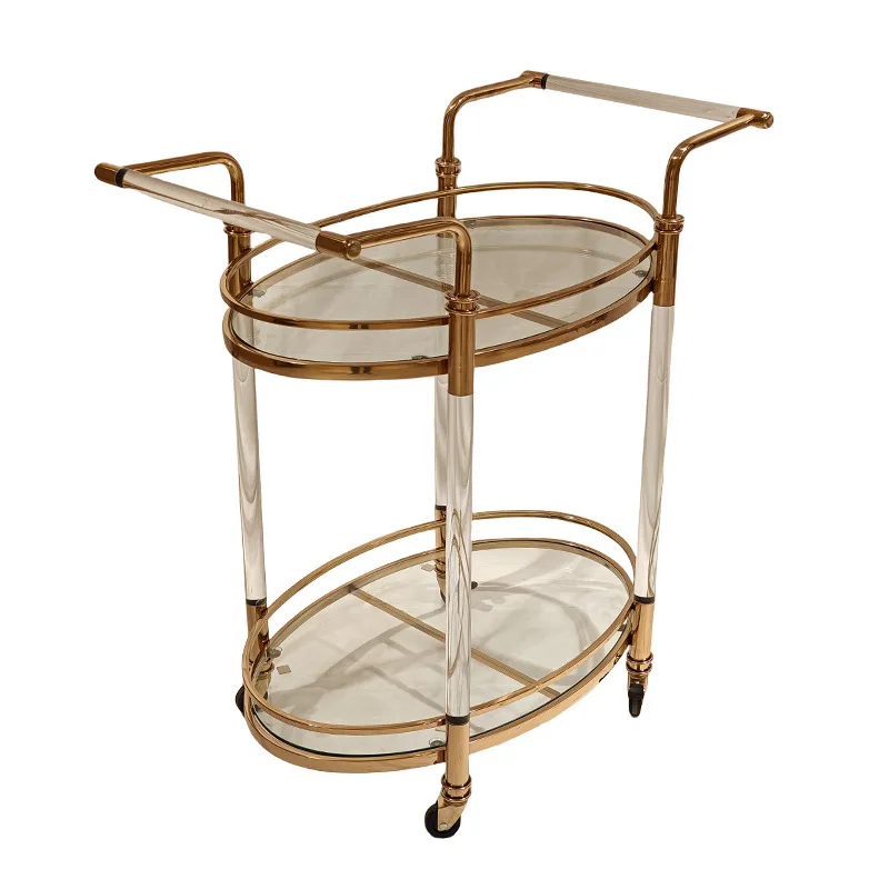 European Double-layer Acrylic Wine Cart Hotel Bar Metal Mobile Rack Cart Light Luxury Stainless Steel Dining Cart