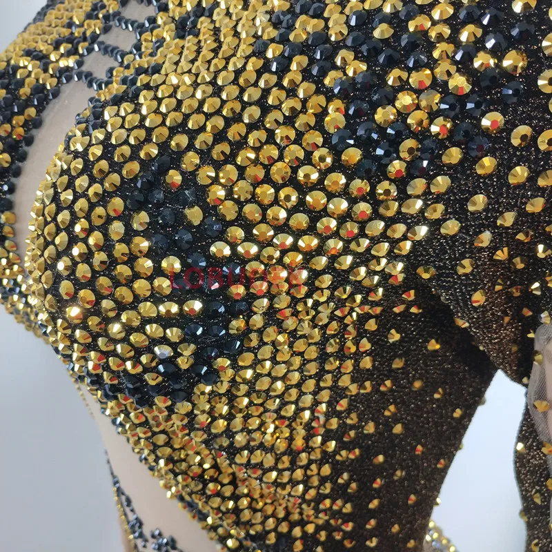 Frauen Tänzerin Sänger Team Sexy Transparent Trikot Gold Strass Engen Body Nachtclub Bühne Tragen DJ Leistung Kostüm