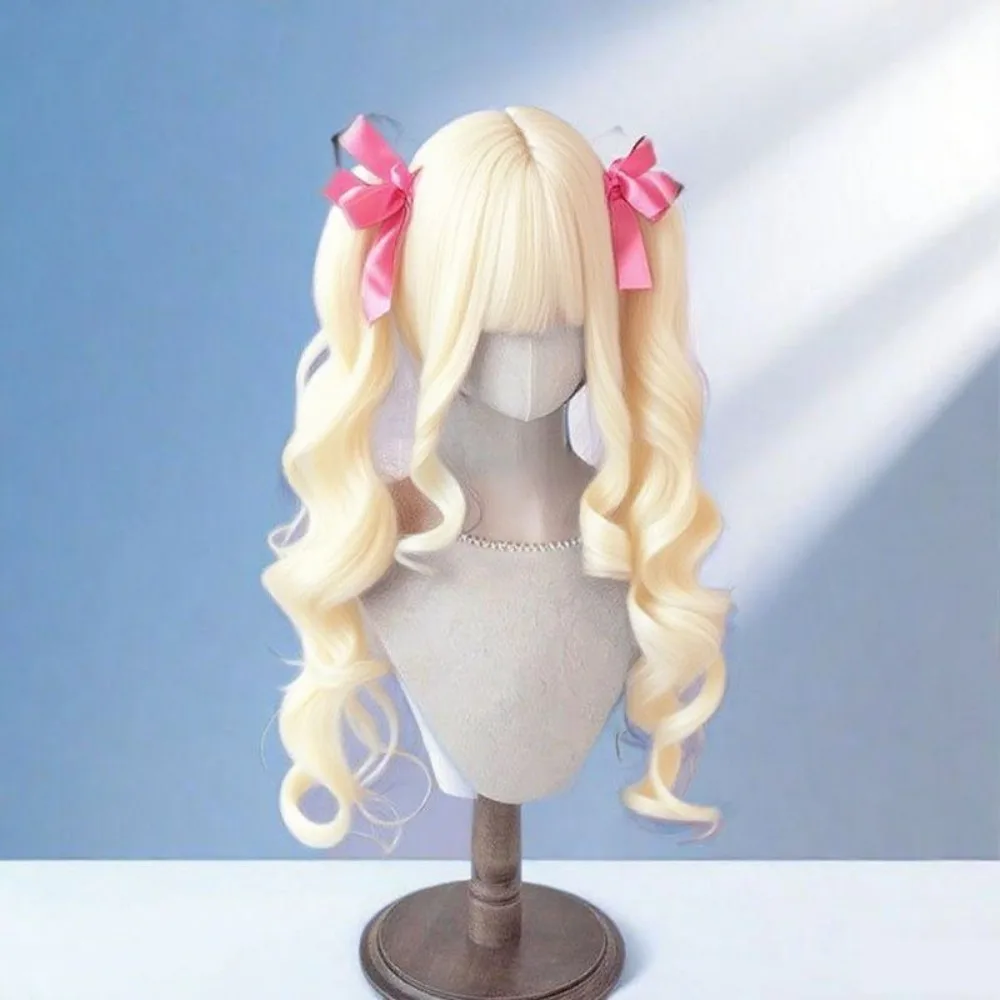 ‌ Parrucca riccia ondulata rosa Lolita - Capelli naturali da 65 cm, doppie code di cavallo con frangia, parrucca cosplay carina, nuovo arrivo 2025