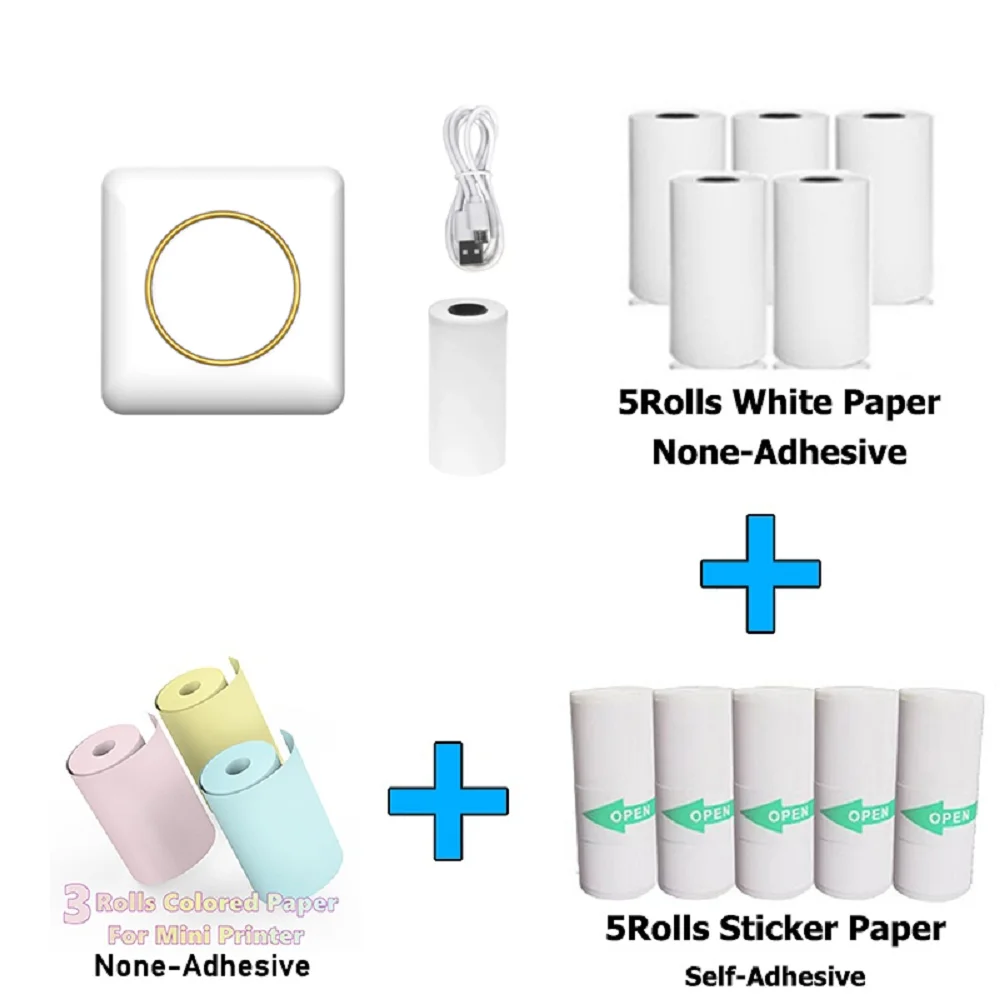 Mini Pocket Printer Mini Sticker Printer Portable for Printer with 13 Roll Papers for Notes, Photos, Stickers, Labels, Receipts