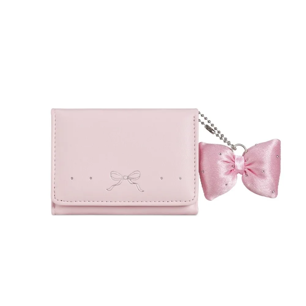 Cute Foldable Pendant Bow Wallet Multi-functional Solid Color Short Wallet Korean Style PU Leather Coin Purse Women