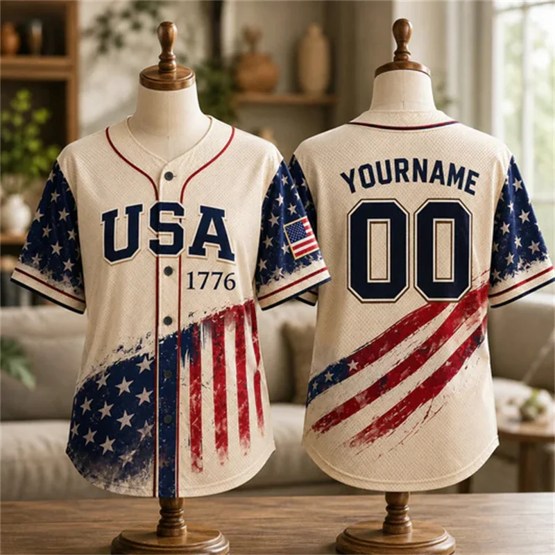 American 250th Anniversary 1776-2026 Baseball Jersey Men We The People Patriotic Print Short Sleeve Independence Day Casual Tops