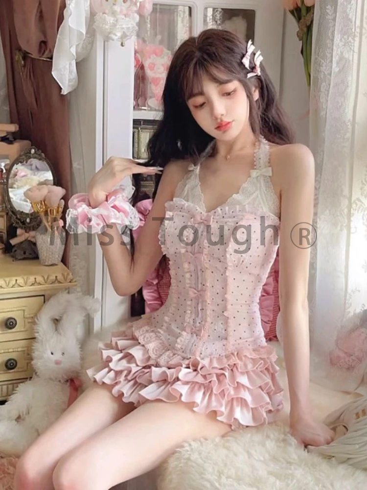 Y2k Lace Kawaii Tops+cake Skirt Set Women Bow Casual New Sweet 2 Piece Set Female France Korean Fashion Fairy Mini Skirt Suit