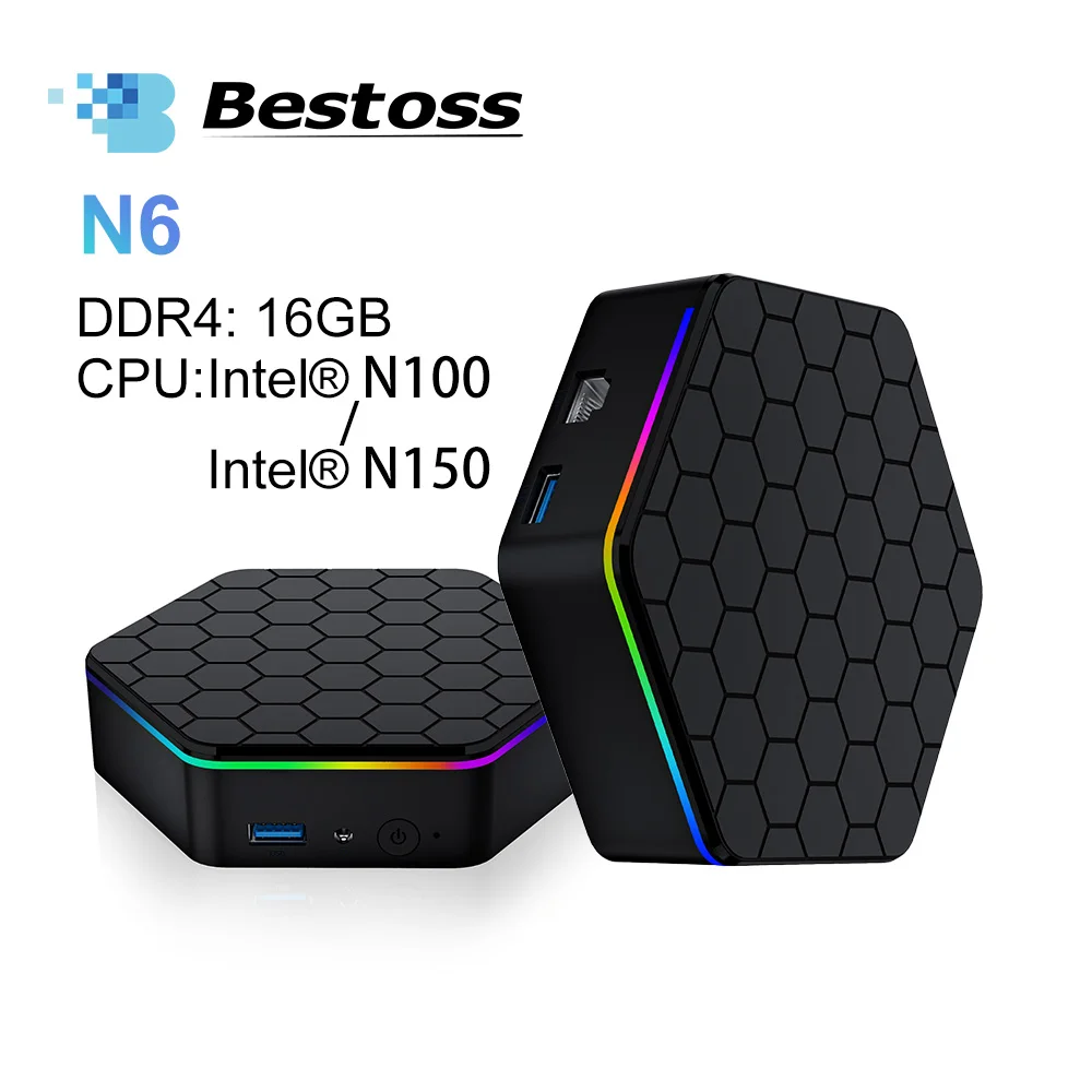 베스토스 미니 PC N6 인텔 N100/N150 최대 터보 3.6GHz DDR4 3200MHz 512GB/1TB SSD 4K 60Hz 미니 PC 윈도우 11 데스크탑 컴퓨터