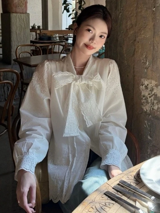 

Korean Sle Long Sve Knot Tie Women's irt Ele Top Trendy Cotton Polyester Blend Breathable V-Ne Commute...