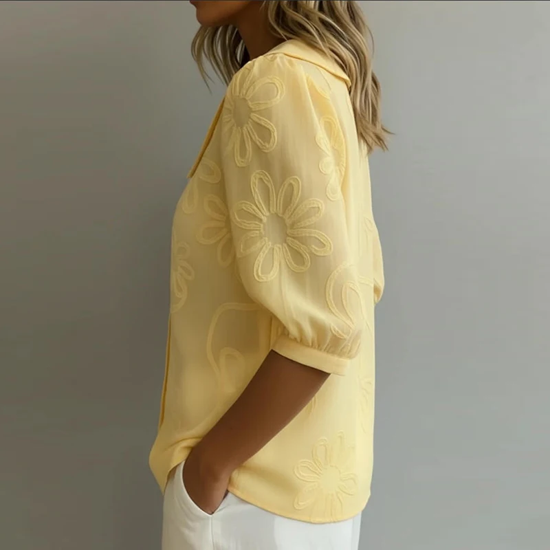 

Elegant Printed Button Shirts For Women Turn Down Collar Half Sleeve Jacquard Blouses Women Summer Shirts Office Lady Tops