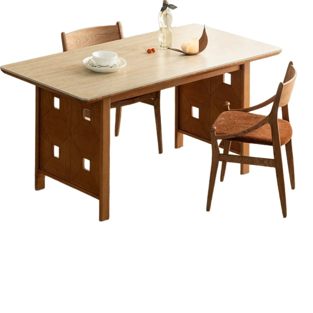 

Medieval rectangular table household light luxury high-end retro solid wood rock slab countertop dining table