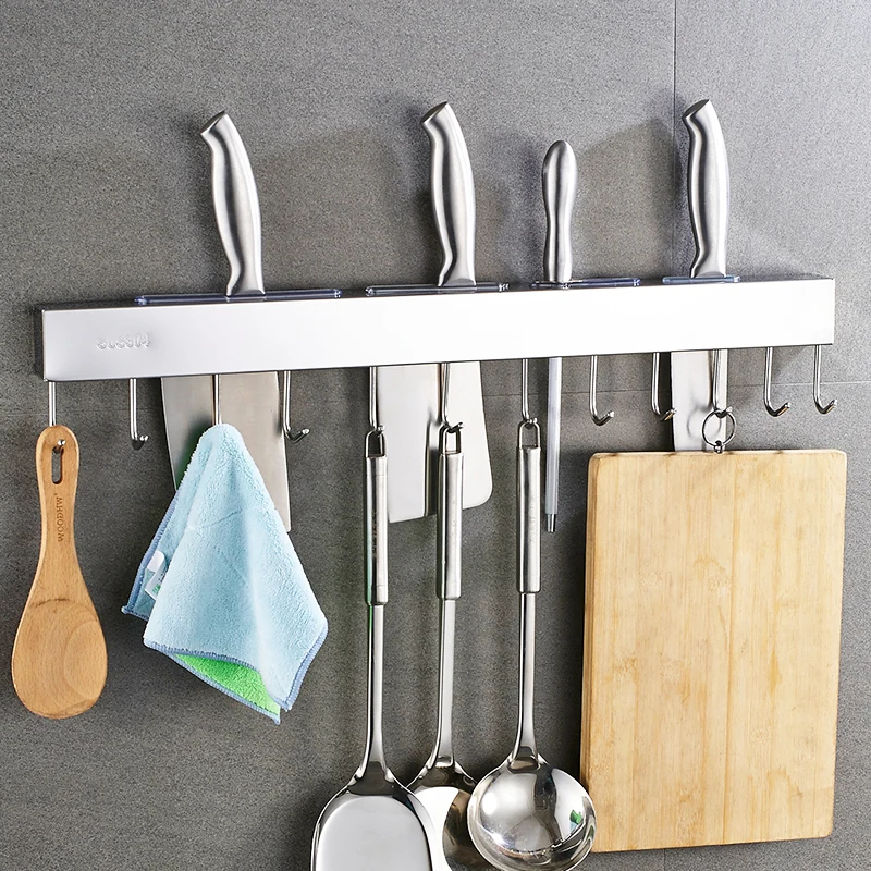 Punching-free kitchen shelf hanging stainless steel tool holder supplies hook kitchen knife holder with towel bar.