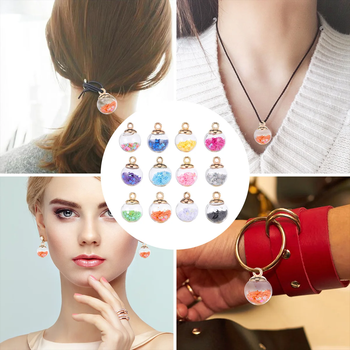 34 Stuks Kleurrijke Ster Glazen Bal Charms Mini Transparante Globe Glitter Hanger Craft Sieraden Supply Unieke Gift Ball Charms