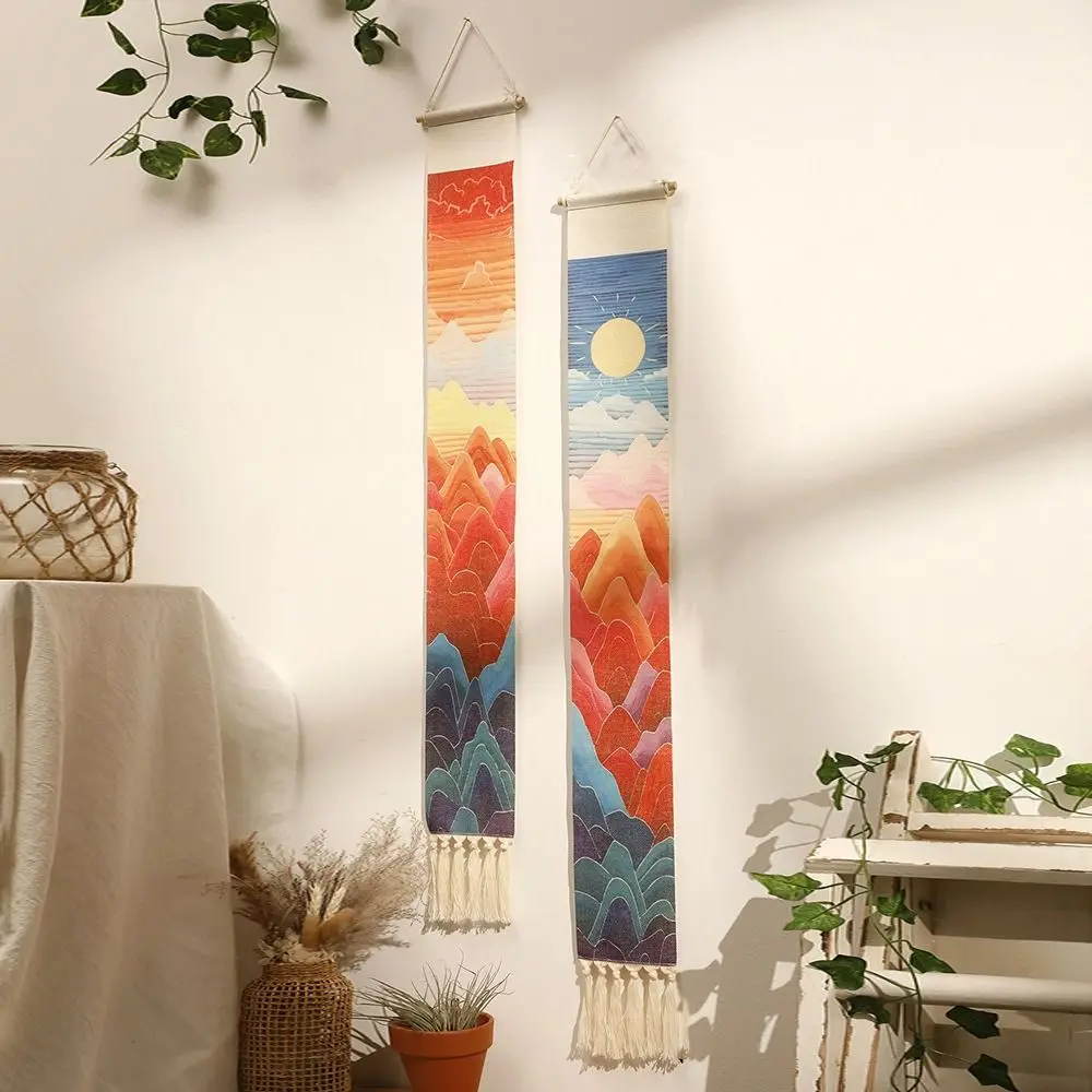 Handmade Macrame Tapestry Chinese Style Narrow Sunset Wall Tapestries Wall Hanging with Tassels Wall Hanging Ornament Bedroom