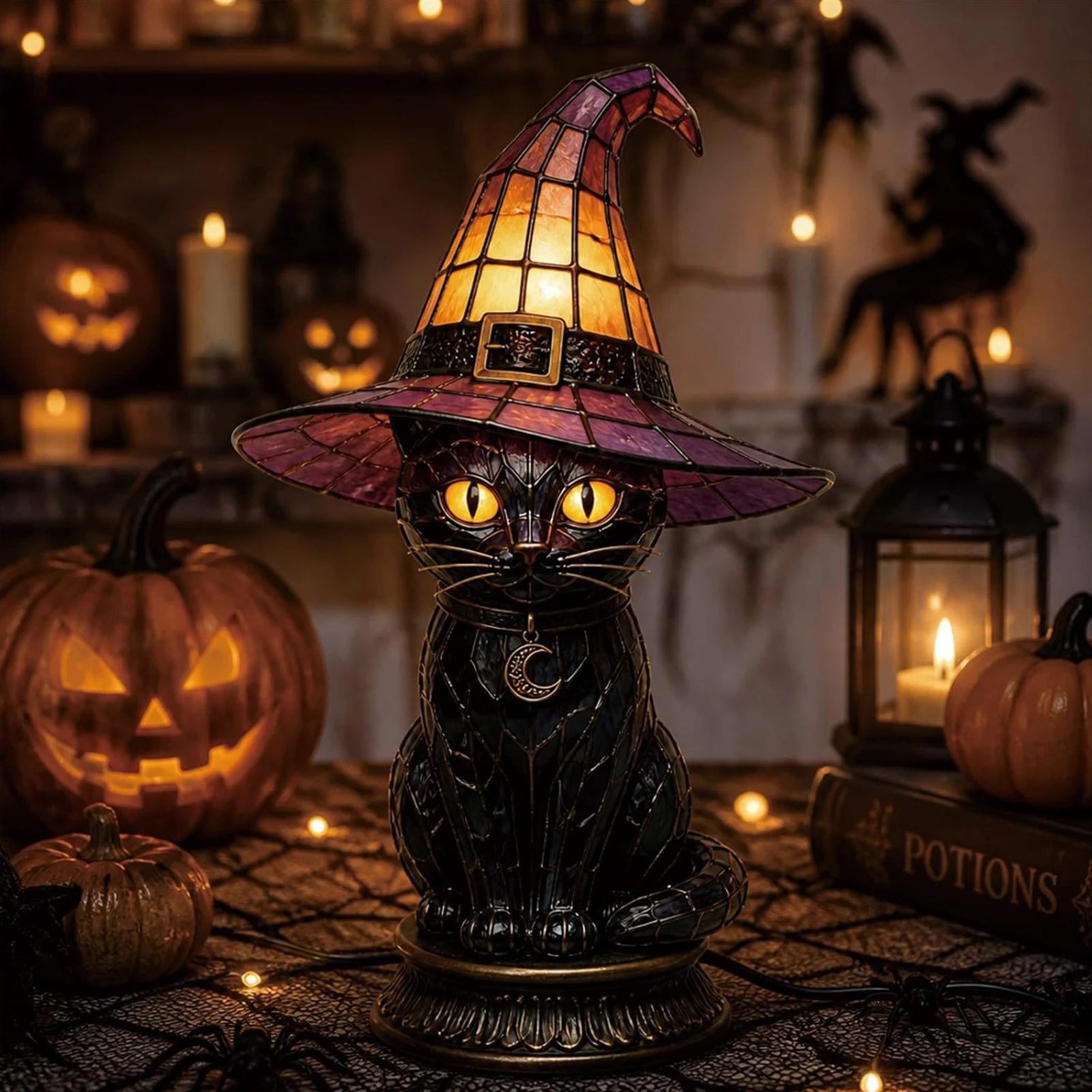 Gothic Cat Wizard Hat Night Light with Moon Pendant Colorful Witch Hat Desktop Lights for Halloween & Year-Round Home Decors