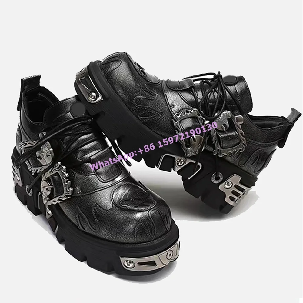 Dark Punk Leather Pumps Shallow Metal Buckle Fashion Fire Shoes Patchwork Lace Up Round Toe Thick Soled Retro Couple's Shoes