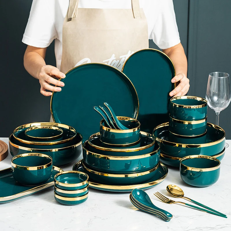 

Ceramic Dinner Plates Dinnerware Set Dishes Luxury Green Food Plate Set Salad Soup Bowl Plate and Bowls Set for Restaurant Hotel