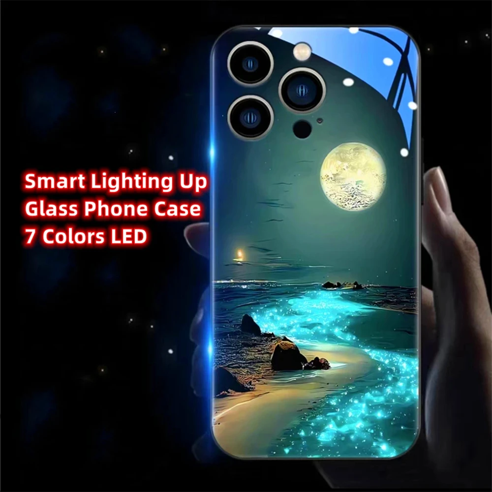 

Fluorescent Moon Sea Luminous Glass LED case For OPPO Reno 3 4 5 6 7 8 9 10 11 Pro Plus Find X5 X6 Pro Calling Light Up Cover