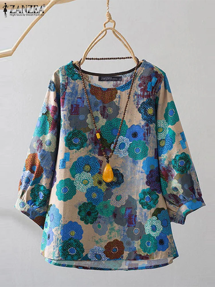 PLUS ขนาดเสื้อ ZANZEA ผู้หญิงเสื้อผ้าฝ้าย 2025 ฤดูร้อนแขนยาว Retro ดอกไม้พิมพ์เสื้อ VINTAGE Office Lady Tops 0XL-5XL