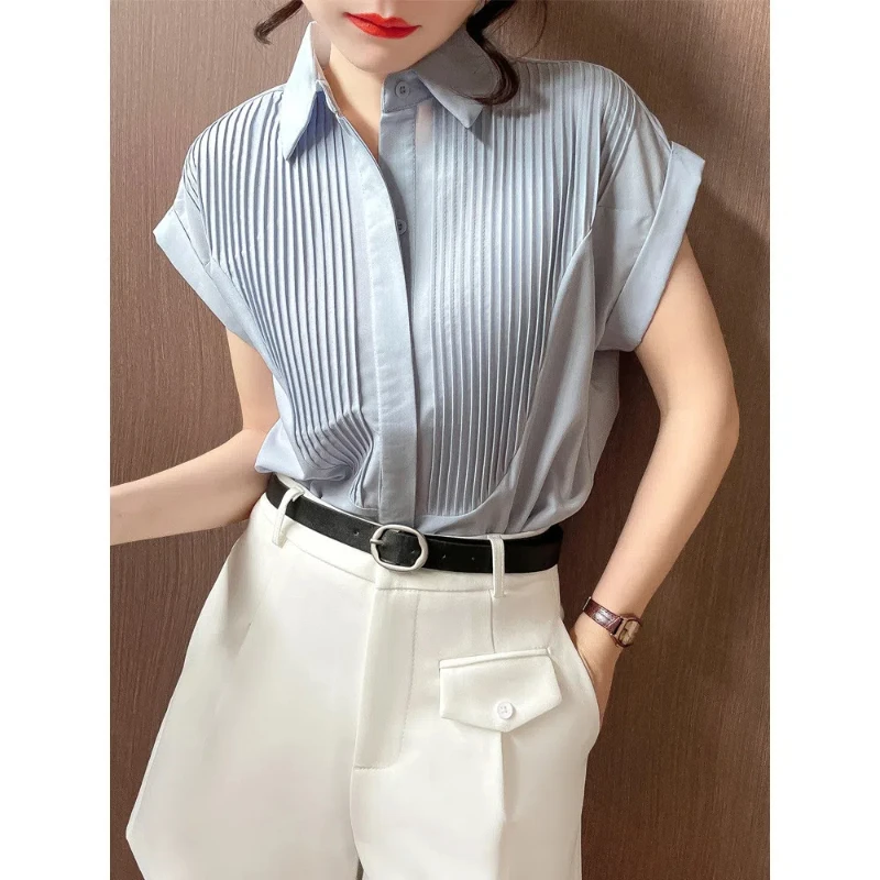 Simplicity Office Lady Summer Women\'s POLO Collar Solid Pleated Single Breasted Temperament Loose Short Sleeve Shirts Tops