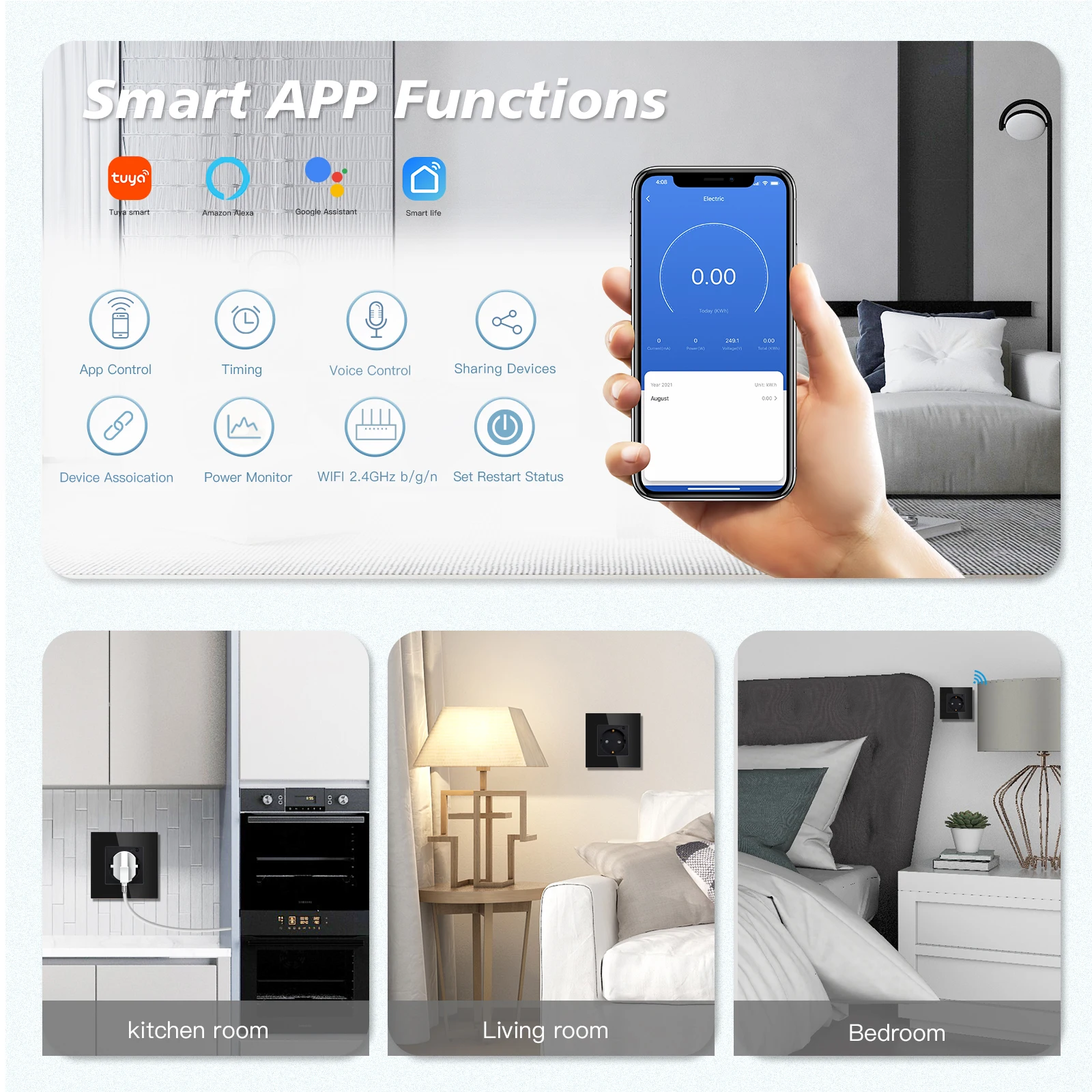 BSEED EU Wall Socket Tuya Smart Socket Wifi Electrical Outlets Power Monitor Google Smart Life Alexa Voice Control Glass Panel