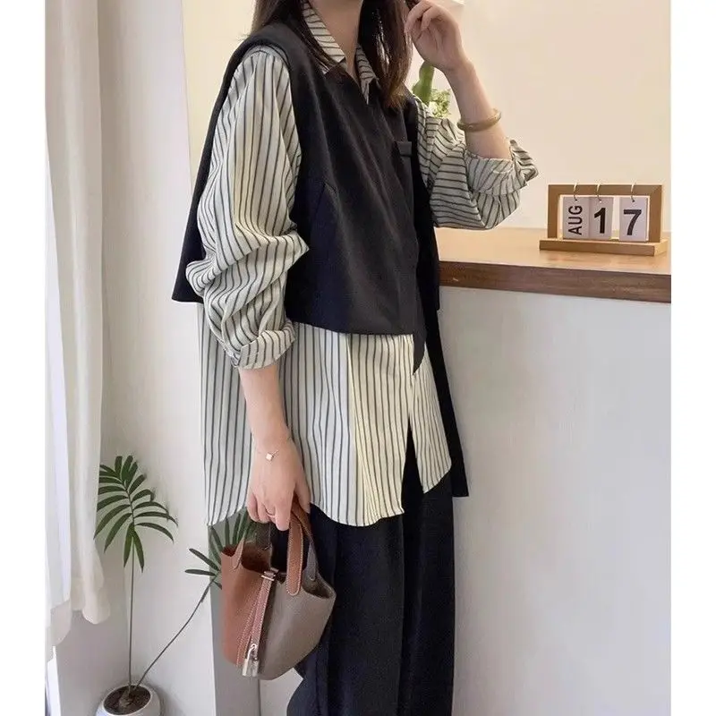 Spring Autumn New Fake Two Pieces Blouse Women POLO Collar Fashion Long Sleeve Pullovers Elegant Striped Patchwork Loose Tops