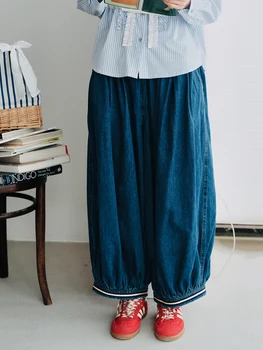 Imakokoni-pantalones vaqueros lavados para mujer, pantalón ceñido al muslo, holgado, Otoño, 2024, 244739