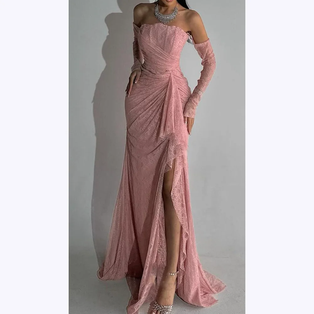 

Luxurious Lace Prom Dresses Strapless Side Split Stylish Modern Mermaid Evening Gown Floor Length Special Occasion Robes