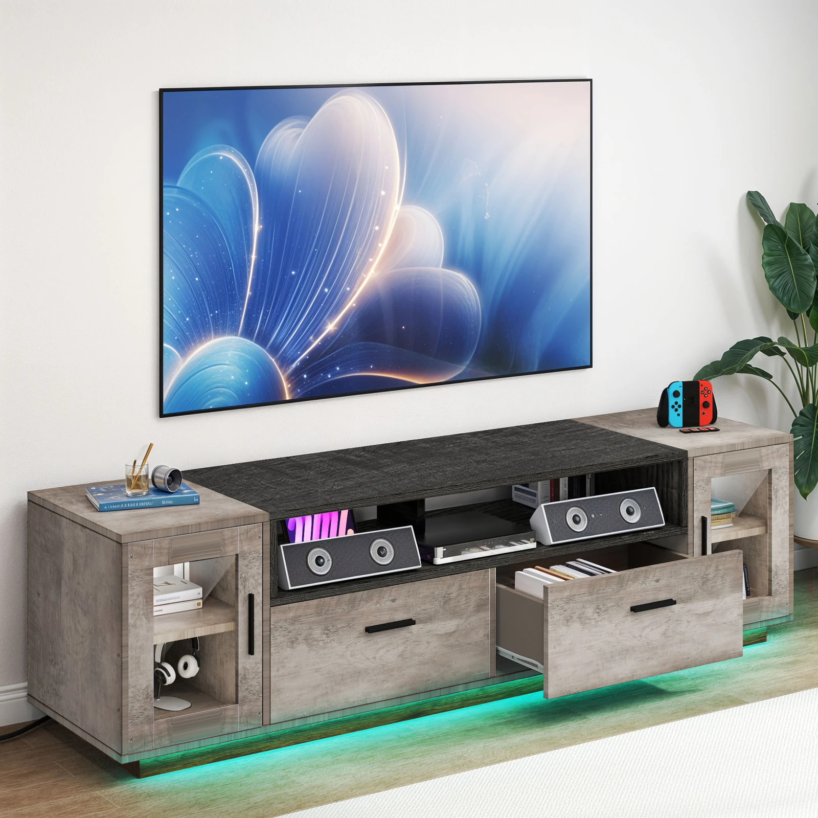 LED TV Stand Console With Power Outlets Drawers Open Shelves Fit 55 to 75 In TVs