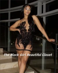 Luxury Short Black Homecoming Dress New Applique Sequins Feather Decoration Party Dresses African Girls Sexy Tulle Dresses