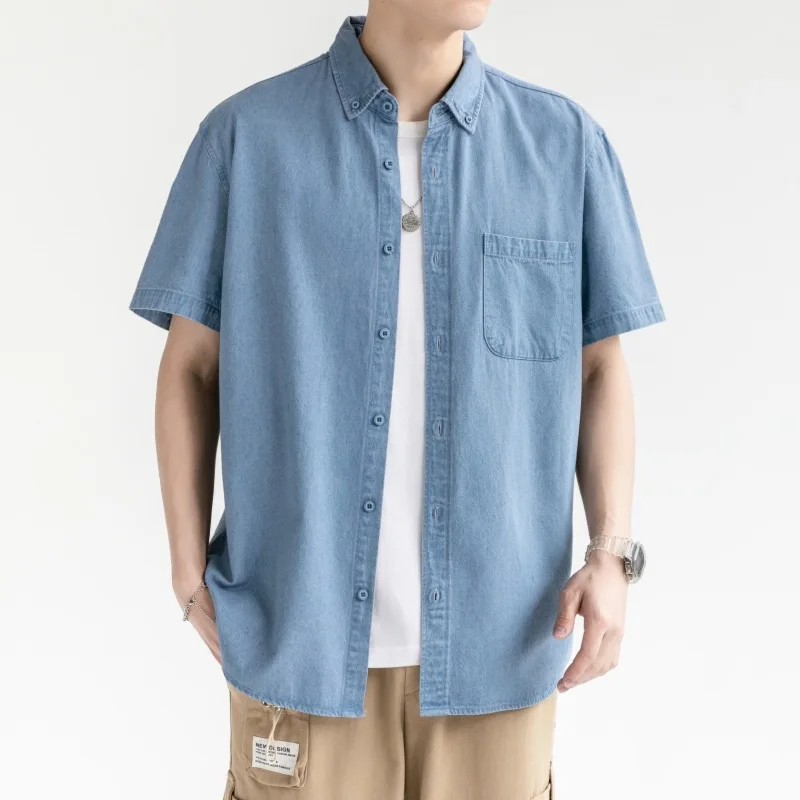 New 2023 Summer Blue Denim Shirt Men Oversized Short Sleeve Jean High Quality Casual Fashion Cotton Light Wear Loose Plus Size