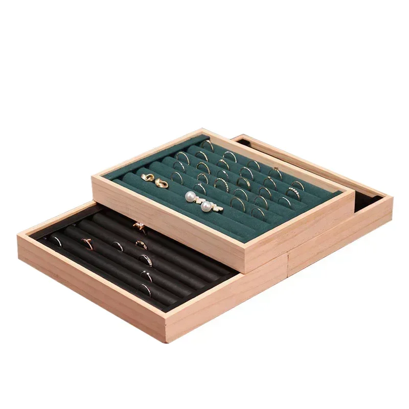 Wood Jewelry Ring Display Tray Holder Storage Earring Organizer Rings Stand for Drawer