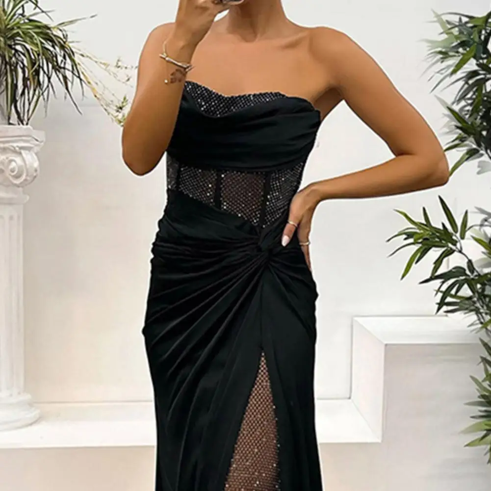 Satynowa suknia wieczorowa Bandeau Shiny Sequin Off Shoulder Pleated Knot Mesh Patchwork Ball Gown Floor Lady Banquet Prom Maxi Dress