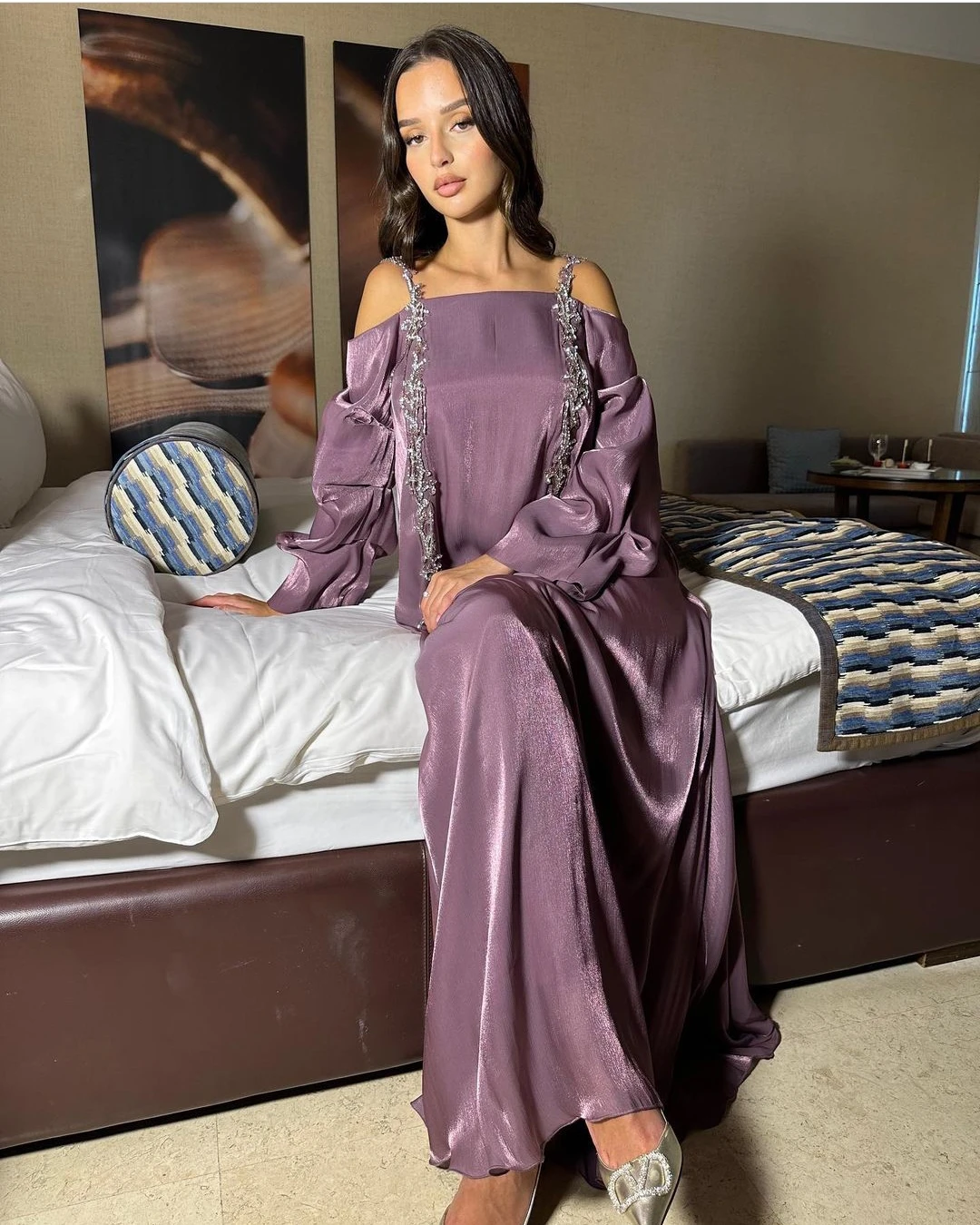 

AsaNagi Purple Shiny Satin Prom Dresses Off Shoulder Women Vintage Formal Party Dress 2023 Saudi Arabic فساتين الحفلات