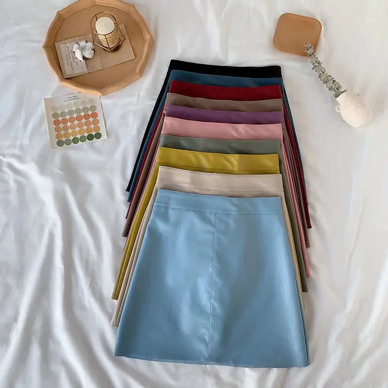 Solid Zipper Wrap Hip Leather Skirt Autumn Winter New Korean High Waist Mini Skirt Female Chic Sexy Club A-line Pu Skirts Women