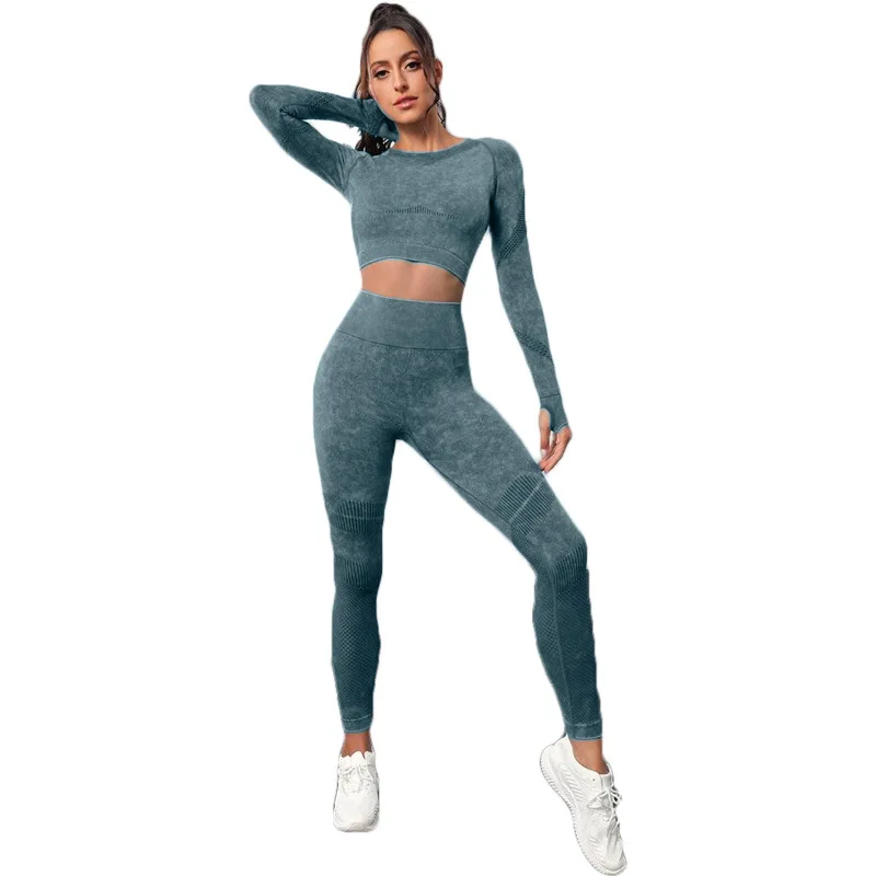 Women Yoga 2 Pieces Workout Outfits Seamless High Waist Leggings Sports Tights Suit Crop Top Running Clothes Sets Fitness