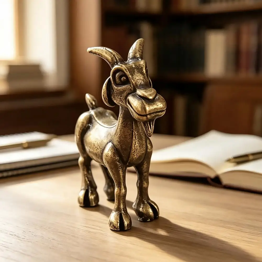 Vintage Brass Goat Statue Intricate Retro Animal Sculpture Tea Pet for Home & Office Decor, Creative Handicraft Ornament