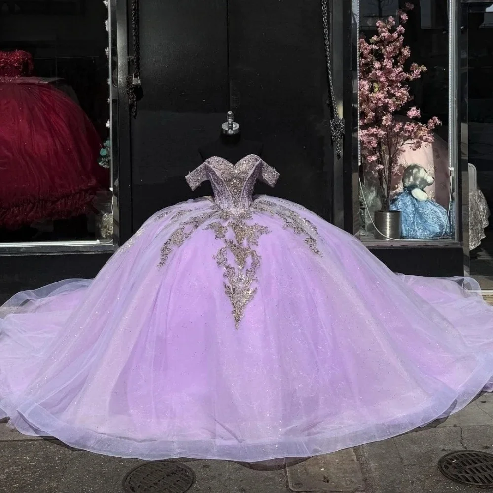 

Сиреневые платья Quinceanera, бальное платье с открытыми плечами, аппликации из бисера, милые платья 16, 15 лет, по индивидуальному заказу