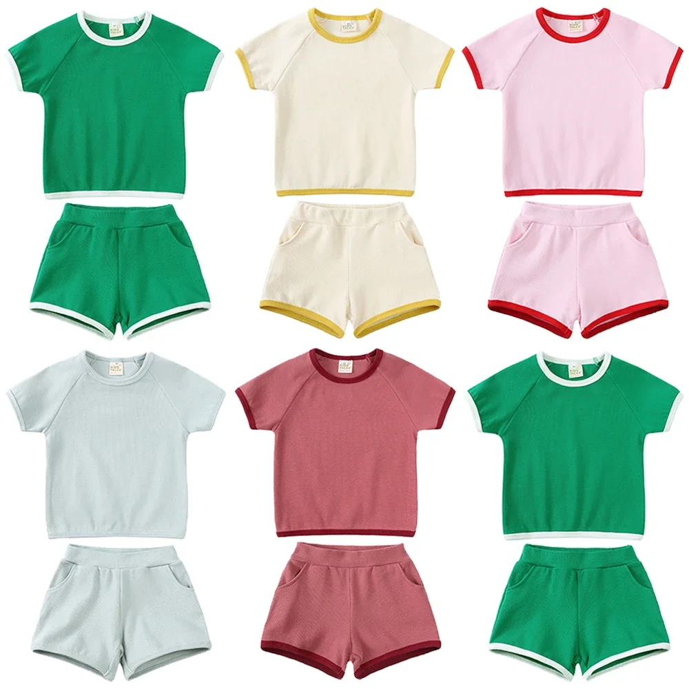 

2025 Kids Summer Outfits Solid Cotton Short T-shirt Shorts Baby Casual Breathable Suit Cute Korean Boy Girls Lounge Pyjamas