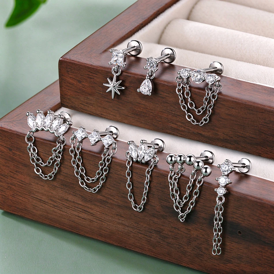 1PC Steel & Copper Long Chain Drop Stud Earring Piercing Flatback CZ Flower Star Cartilage Tragus Lip Medusa Nose Studs Jewelry